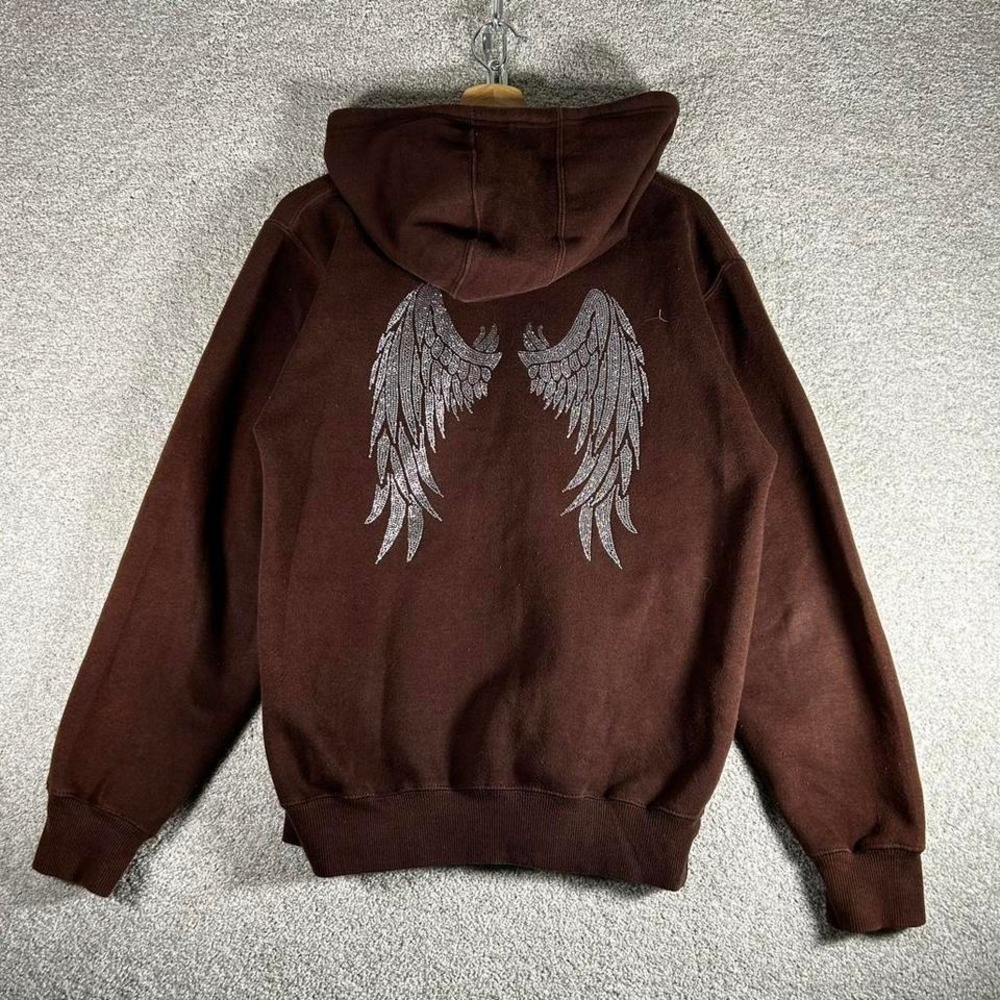 Y2K brown rhinestone angel wings zip up grunge skater hoodie Size S